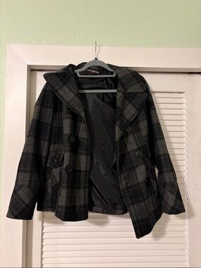 Urban Republic Black & Gray Plaid Hooded Peacoat